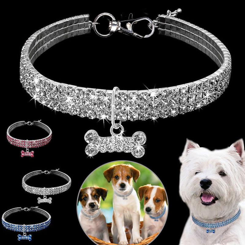 Bling Rhinestone Dog Collar With Bone Pendant