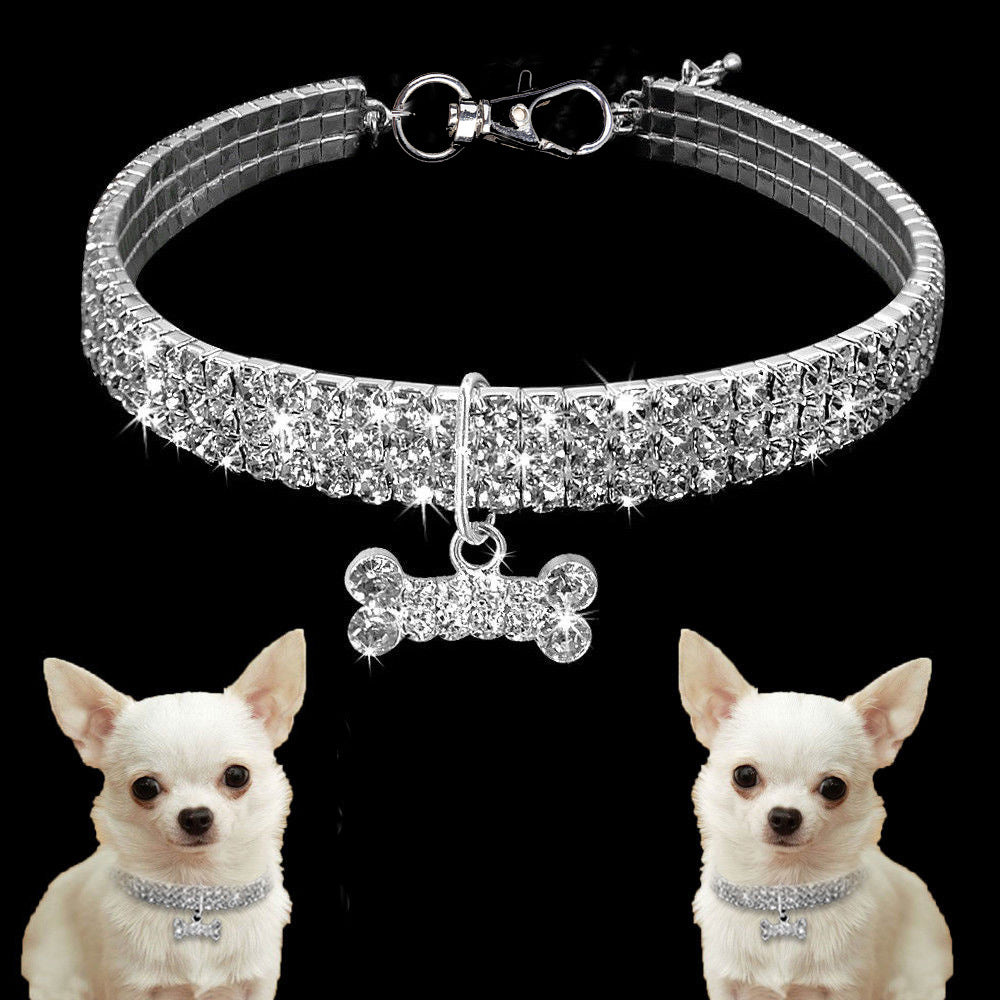 Bling Rhinestone Dog Collar With Bone Pendant