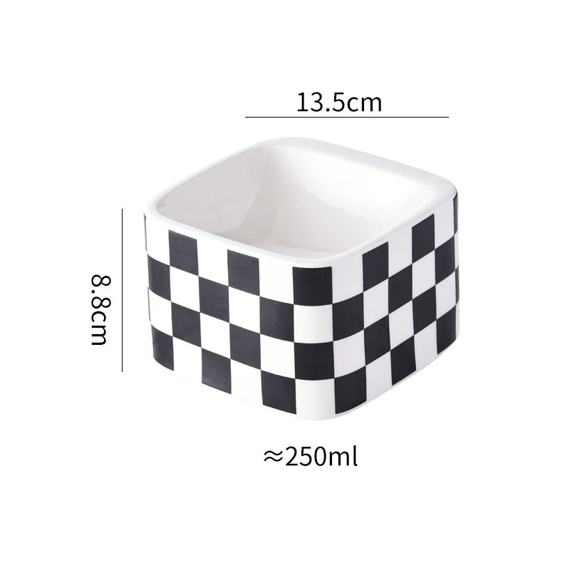 Black And White Lattice Ceramic High Foot Neck Protecting Pet Bowl