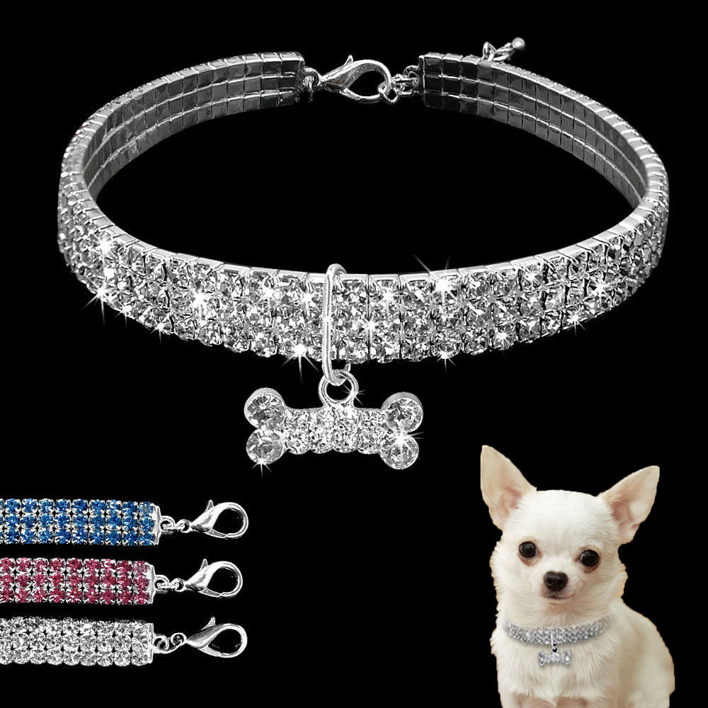 Bling Rhinestone Dog Collar With Bone Pendant