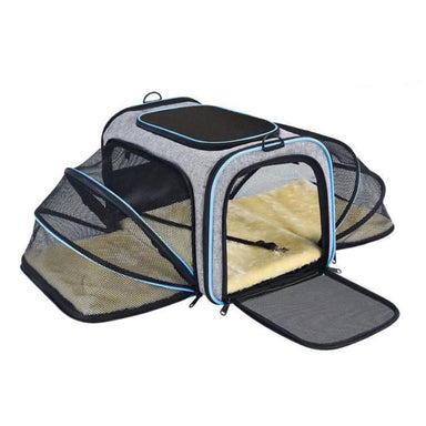 Blue Pet Travel Bag Safe Airline Approved Expandable Foldable Soft-Sided Dog Carrier 3 Open Doors 2 Reflective Tapes