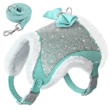 Blue / S Plush Rhinestone Dog Harness and Leash Set