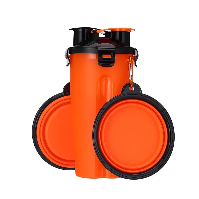 Orange 2 in 1 Travel Dog Food and Water Bottle With Collapsible Bowls