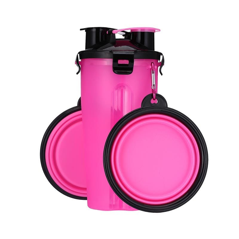 Pink 2 in 1 Travel Dog Food and Water Bottle With Collapsible Bowls