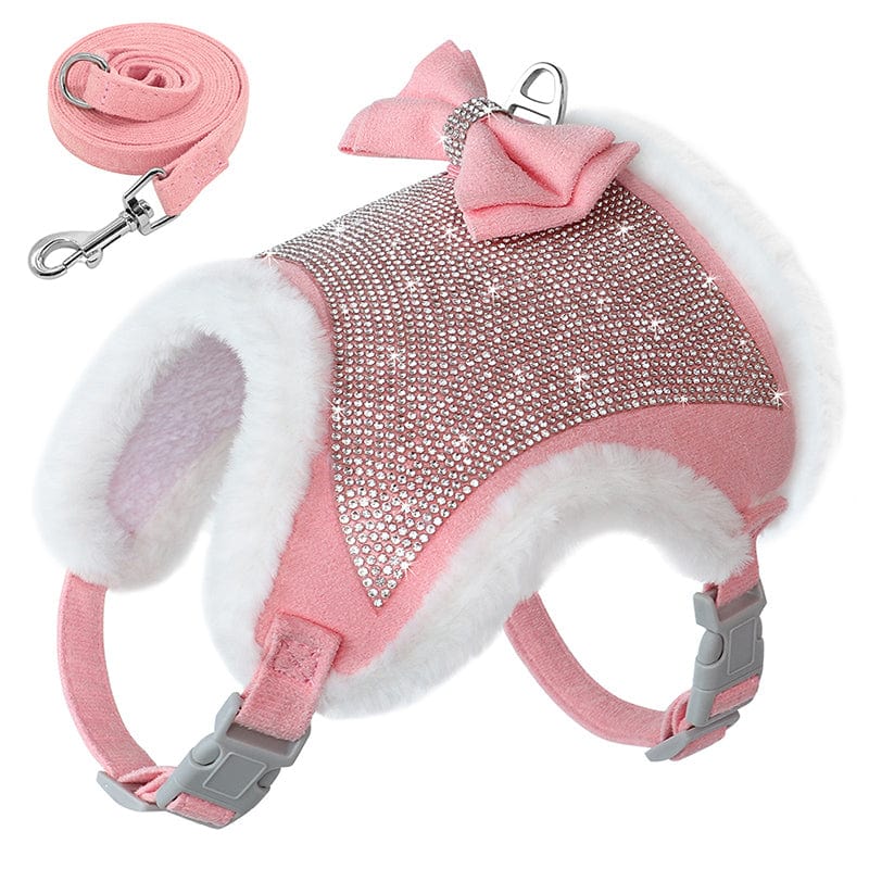 Pink / L Plush Rhinestone Dog Harness and Leash Set