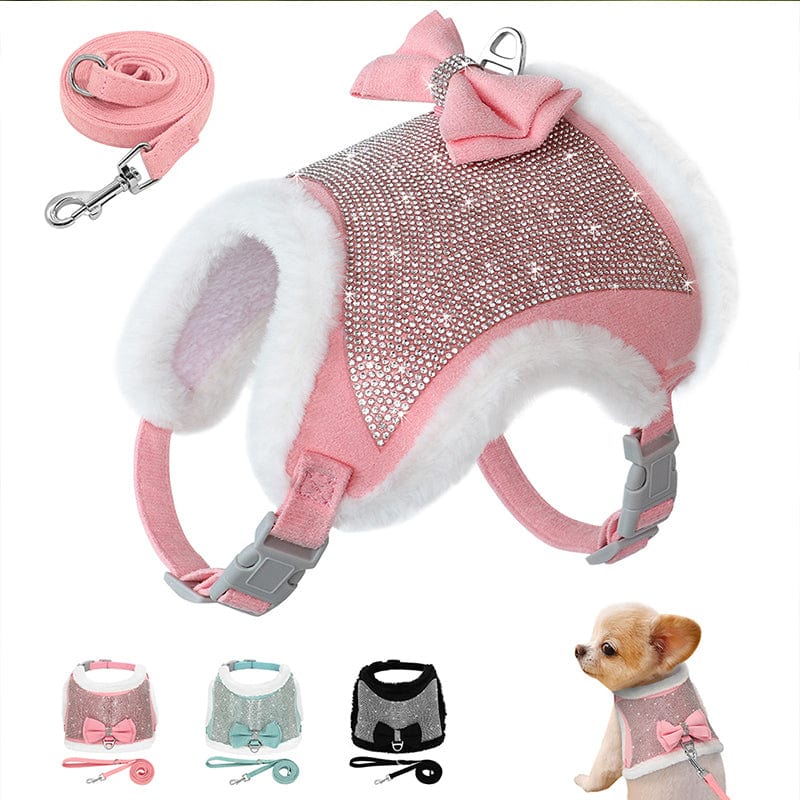 Plush Rhinestone Dog Harness and Leash Set