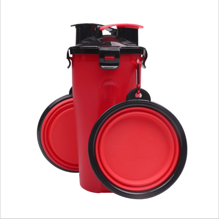 Red 2 in 1 Travel Dog Food and Water Bottle With Collapsible Bowls