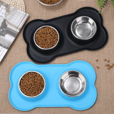 Silicone Bone Shaped Mat with Dual Stainless Steel Dog Bowls