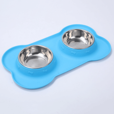 Silicone Bone Shaped Mat with Dual Stainless Steel Dog Bowls