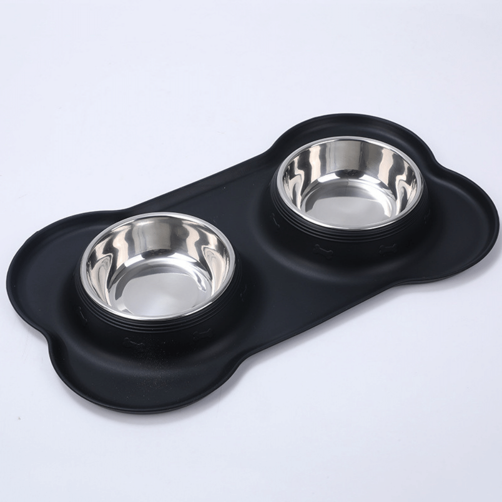 Silicone Bone Shaped Mat with Dual Stainless Steel Dog Bowls