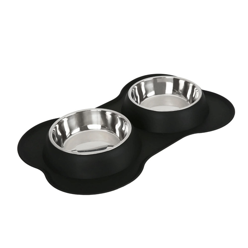 Silicone Bone Shaped Mat with Dual Stainless Steel Dog Bowls