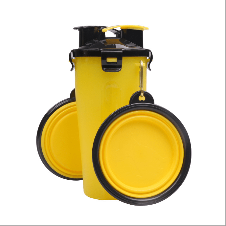 Yellow 2 in 1 Travel Dog Food and Water Bottle With Collapsible Bowls